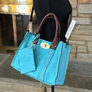 NWT Turquoise Faux Leather Studded Bag w/ Coin Purse, Detachable Makeup Bag
